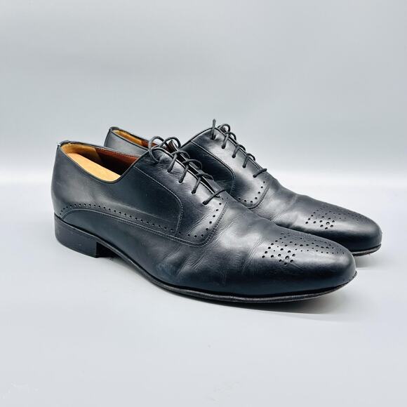 A Testoni Shoes Mens 9 Black Leather Oxford Cap Toe Brogue Slip On Dress main image 7